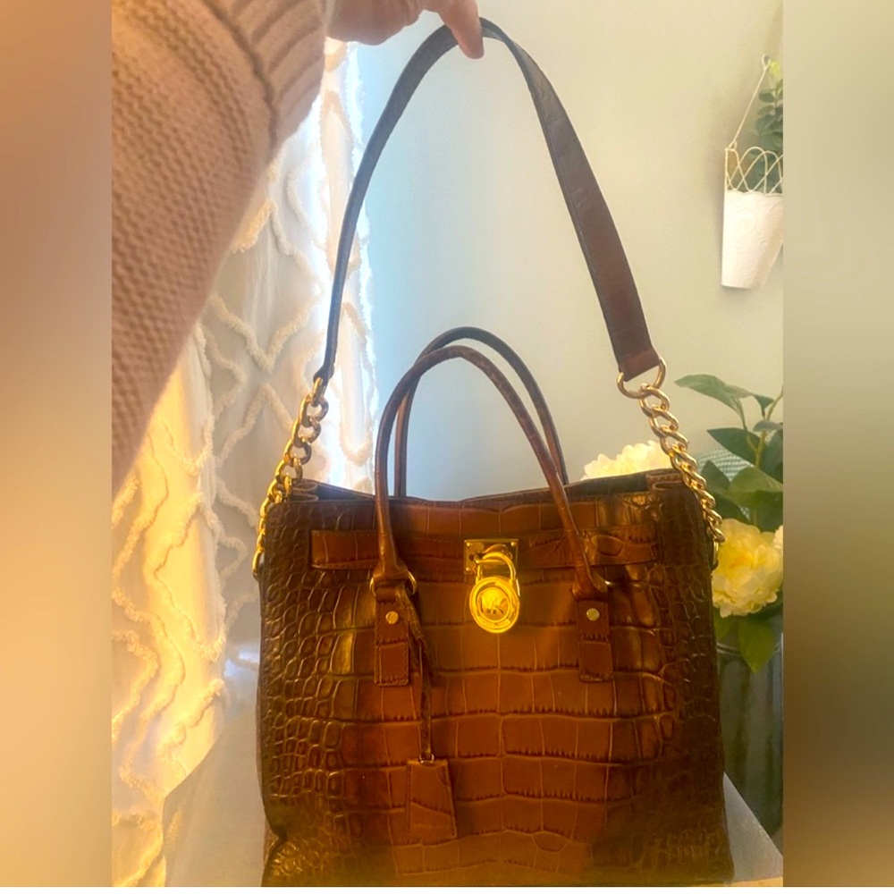 Michael Kors Brown Croc-Embossed Bag with Gold Accents